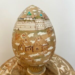 Large vintage Singed 1993 Russian Decorative Wooden Egg with Scenic Design